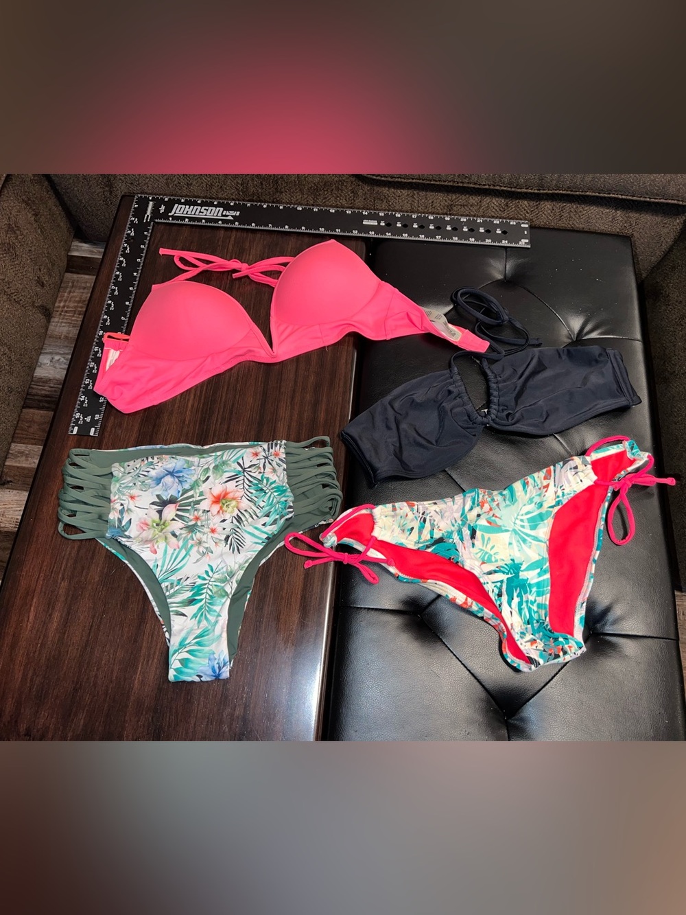 Neon Pink & Navy Bikini Tops with Tropical Print Bottoms